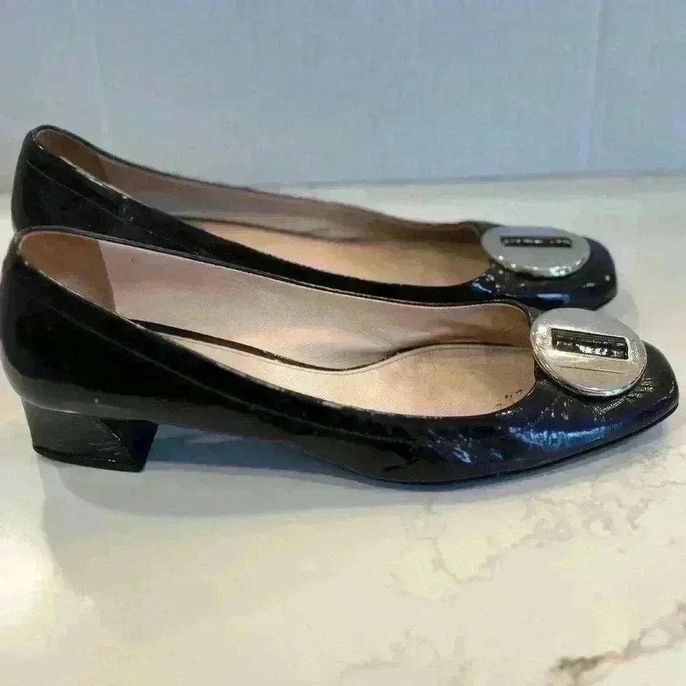 Prada Logo Black Patent Square Toe Low Block Heels Pumps Size 40 - Picture 5 of 12